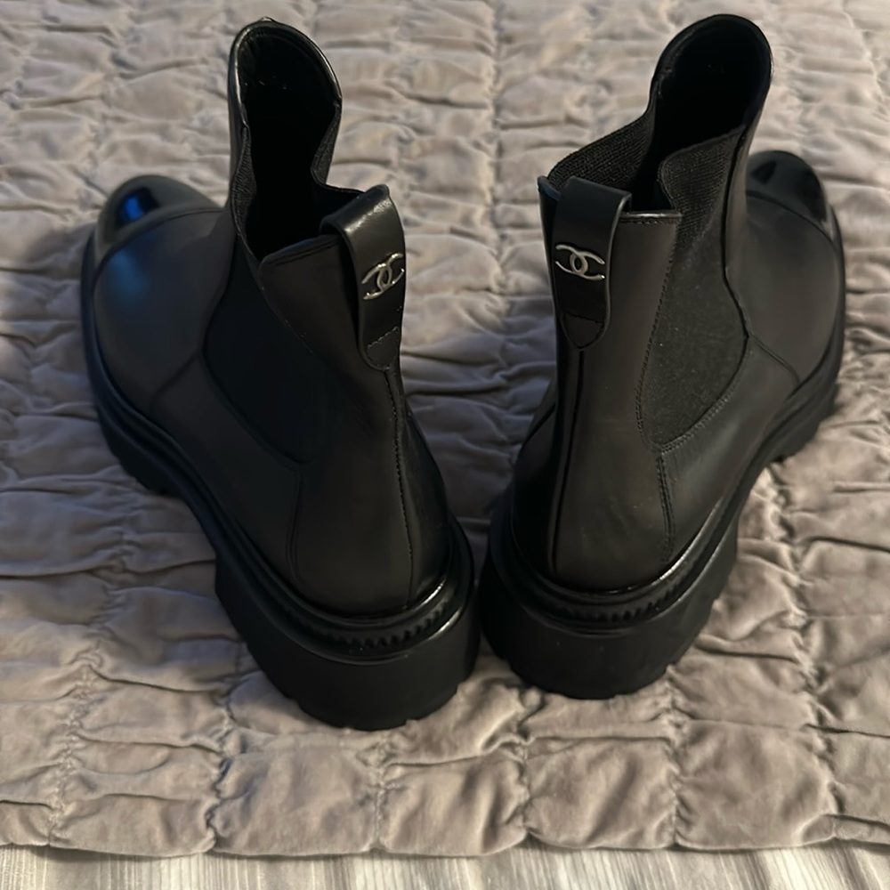 CHANEL Calfskin Patent Cap Toe Ankle Boots